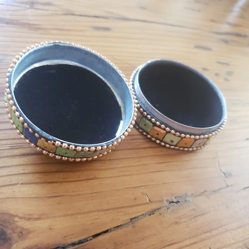 Mini Sequin Multicolored Tin Jewelry Trinket Circle Box Black Felt Inside Travel